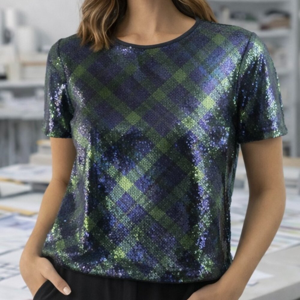 S10166M Green & Navy Plaid Jewel Top by Maggie London